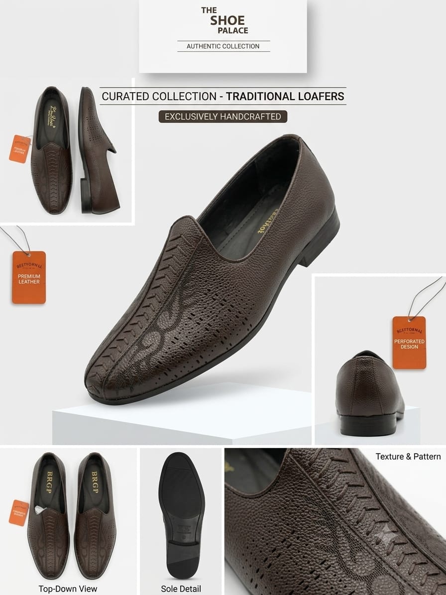 BRGP Men's Brown Leather Perforated Slip-On Loafers